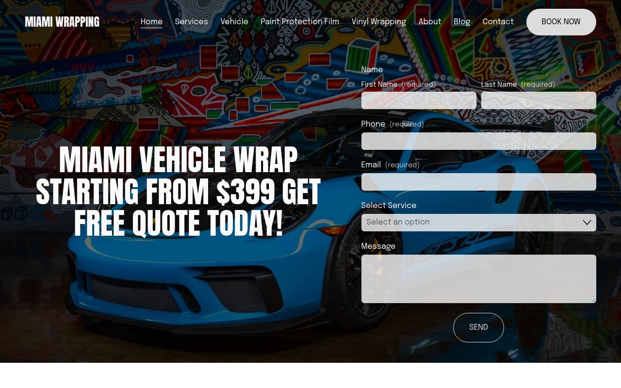 Homepage of Miami Wrapping's website