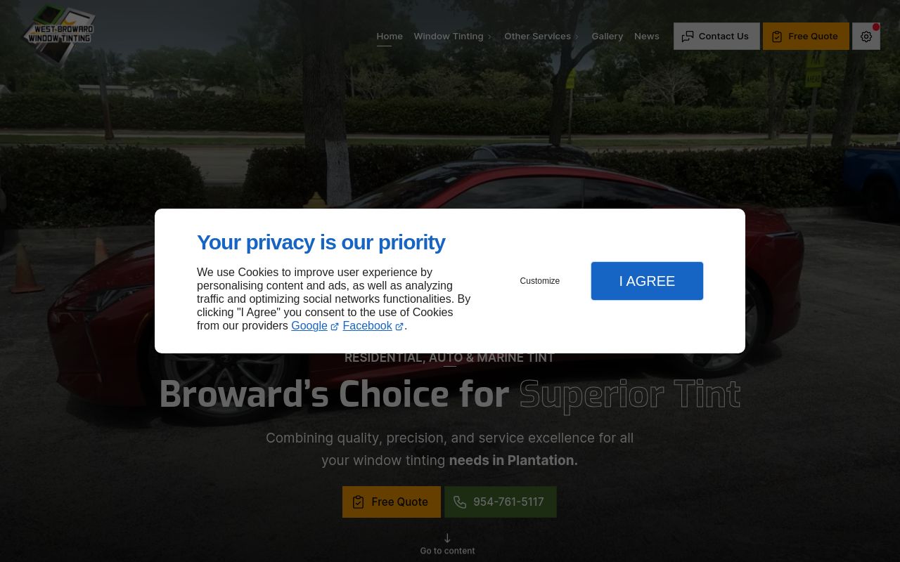 Homepage of West Broward Window Tinting's website