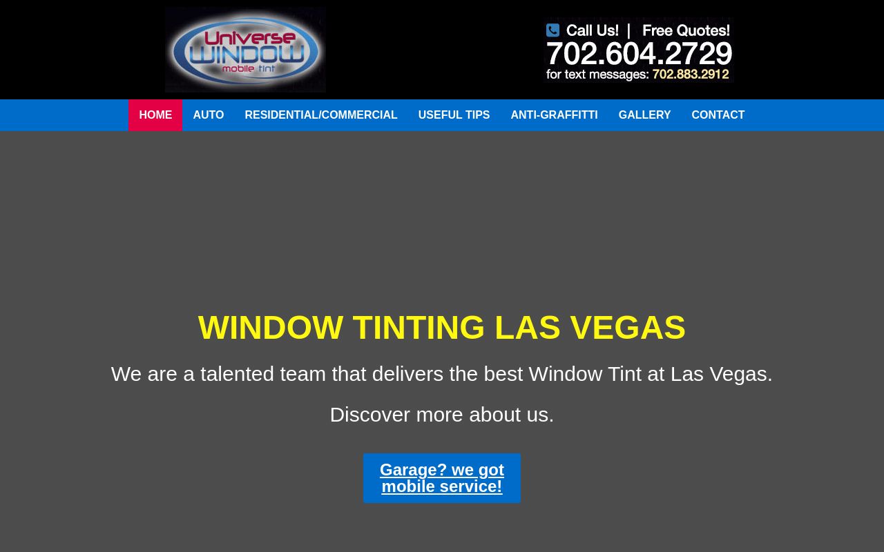Homepage of Mobile Window Tinting Universe's website