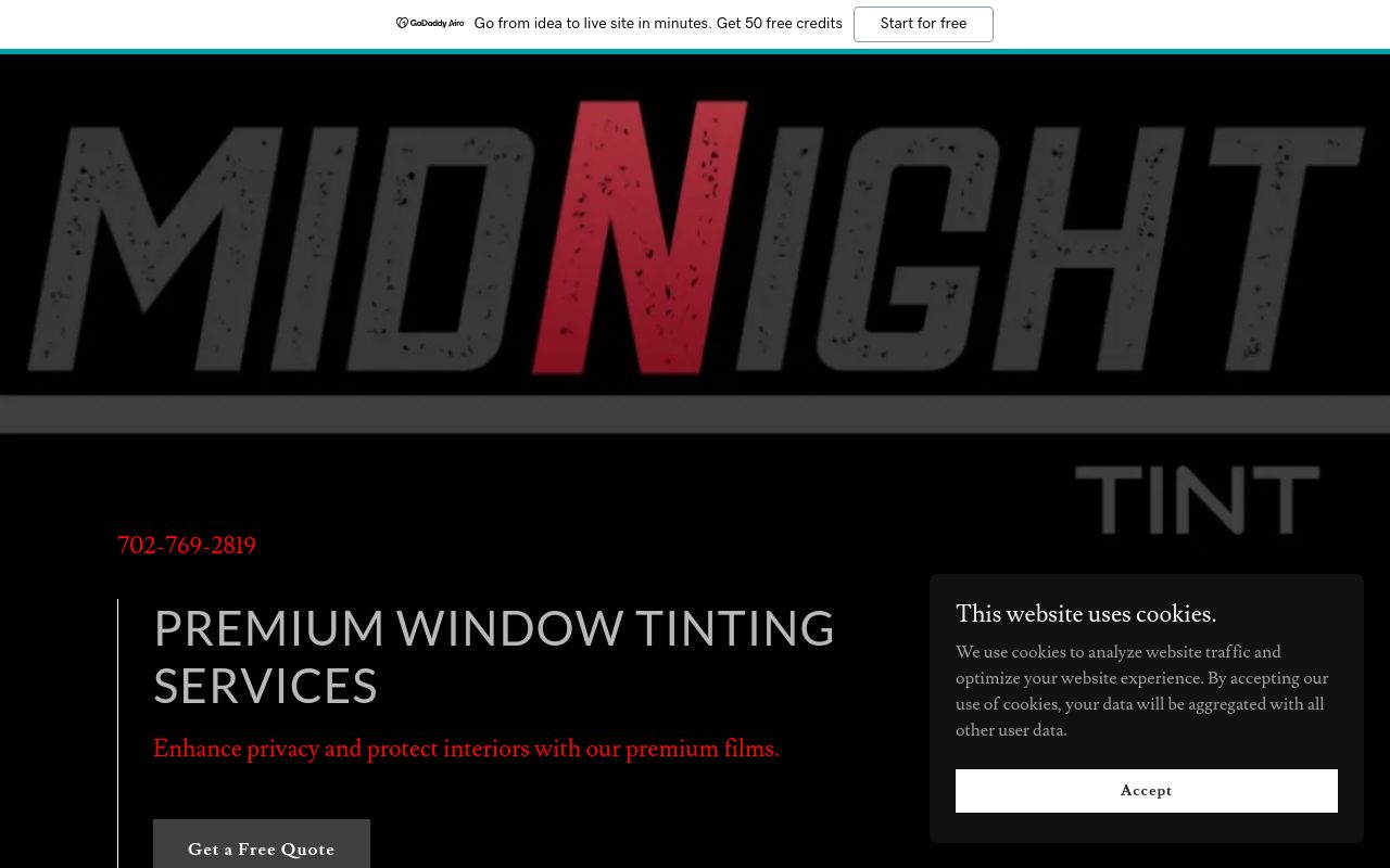 Homepage of Midnight Tint - Auto, Residential and Commercial, PFF and Ceramic Coating's website