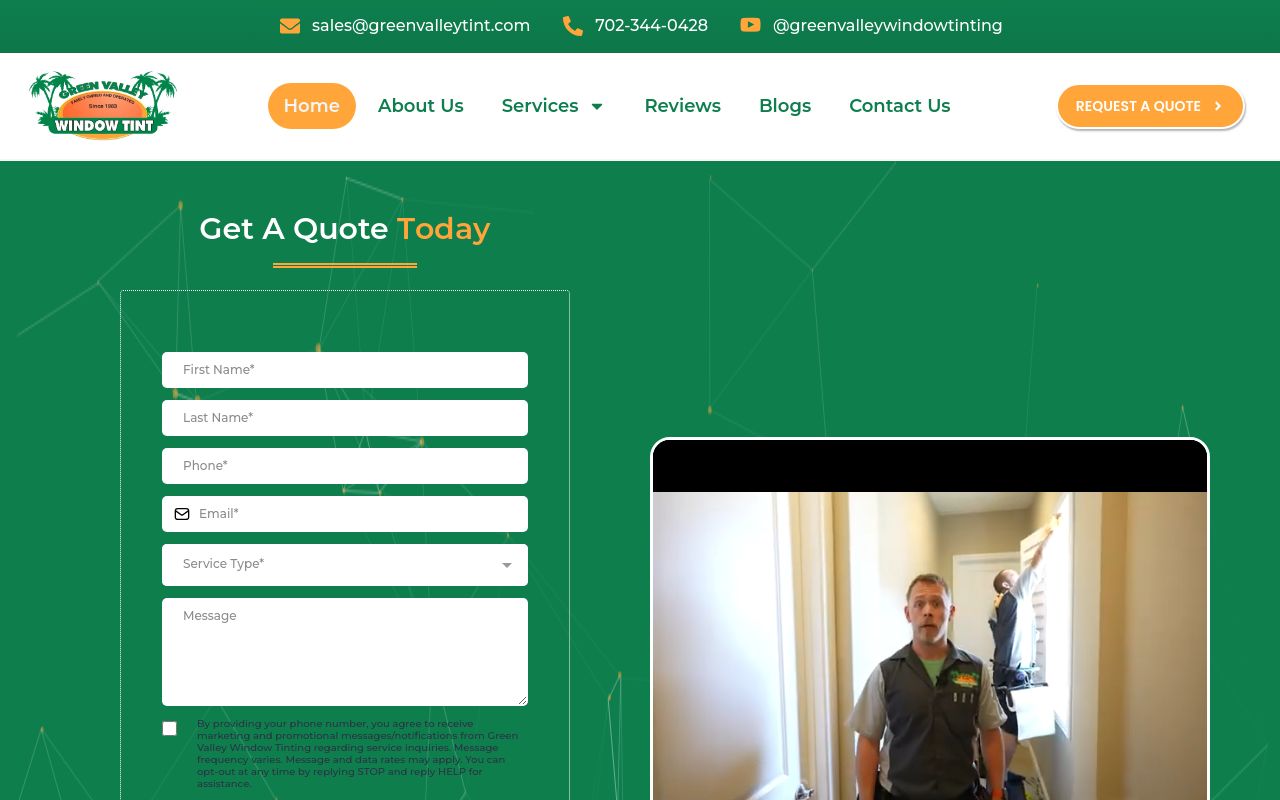 Homepage of Green Valley Window Tint's website