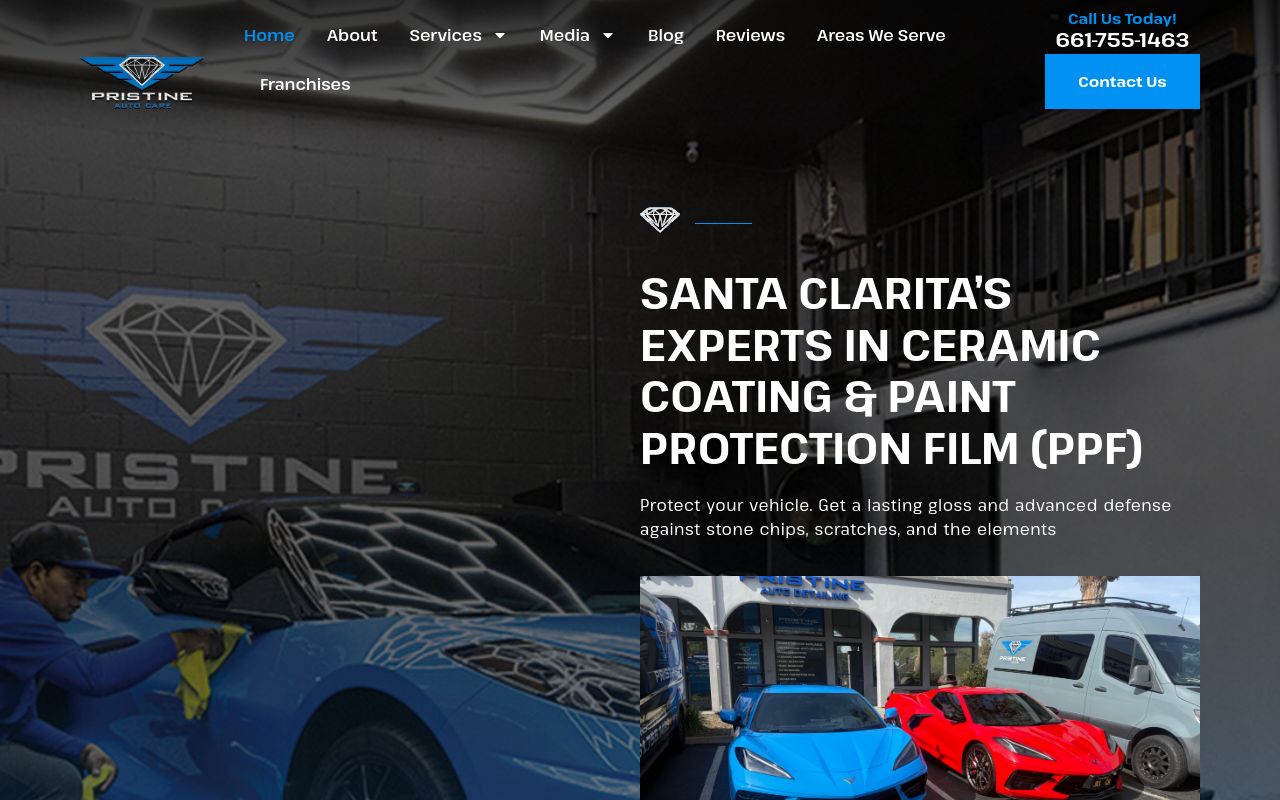 Homepage of Pristine Auto Care's website