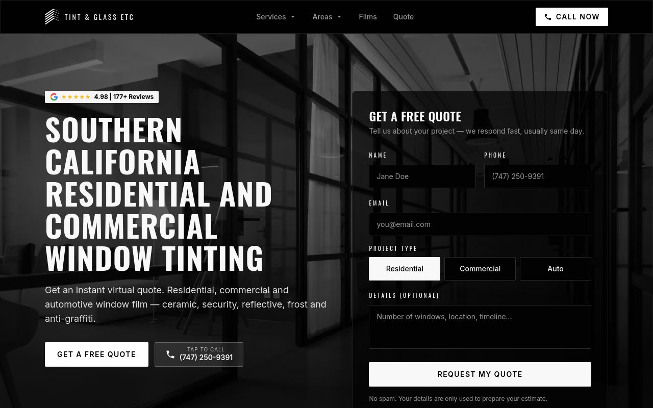 Homepage of TINT AND GLASS ETC's website