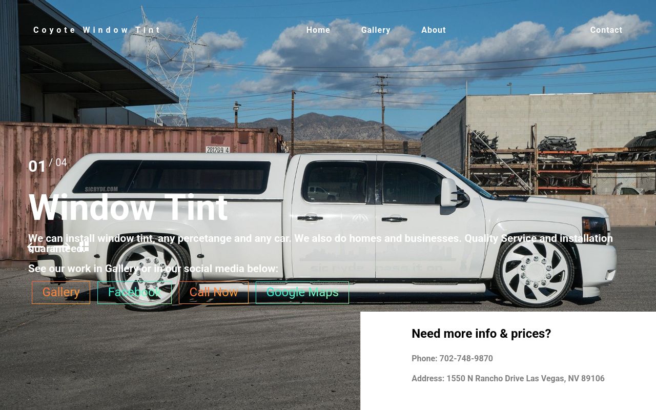 Homepage of Coyote Window Tint's website