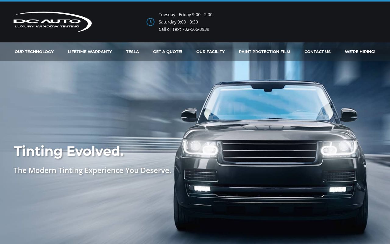 Homepage of DC Auto Luxury Window Tinting's website