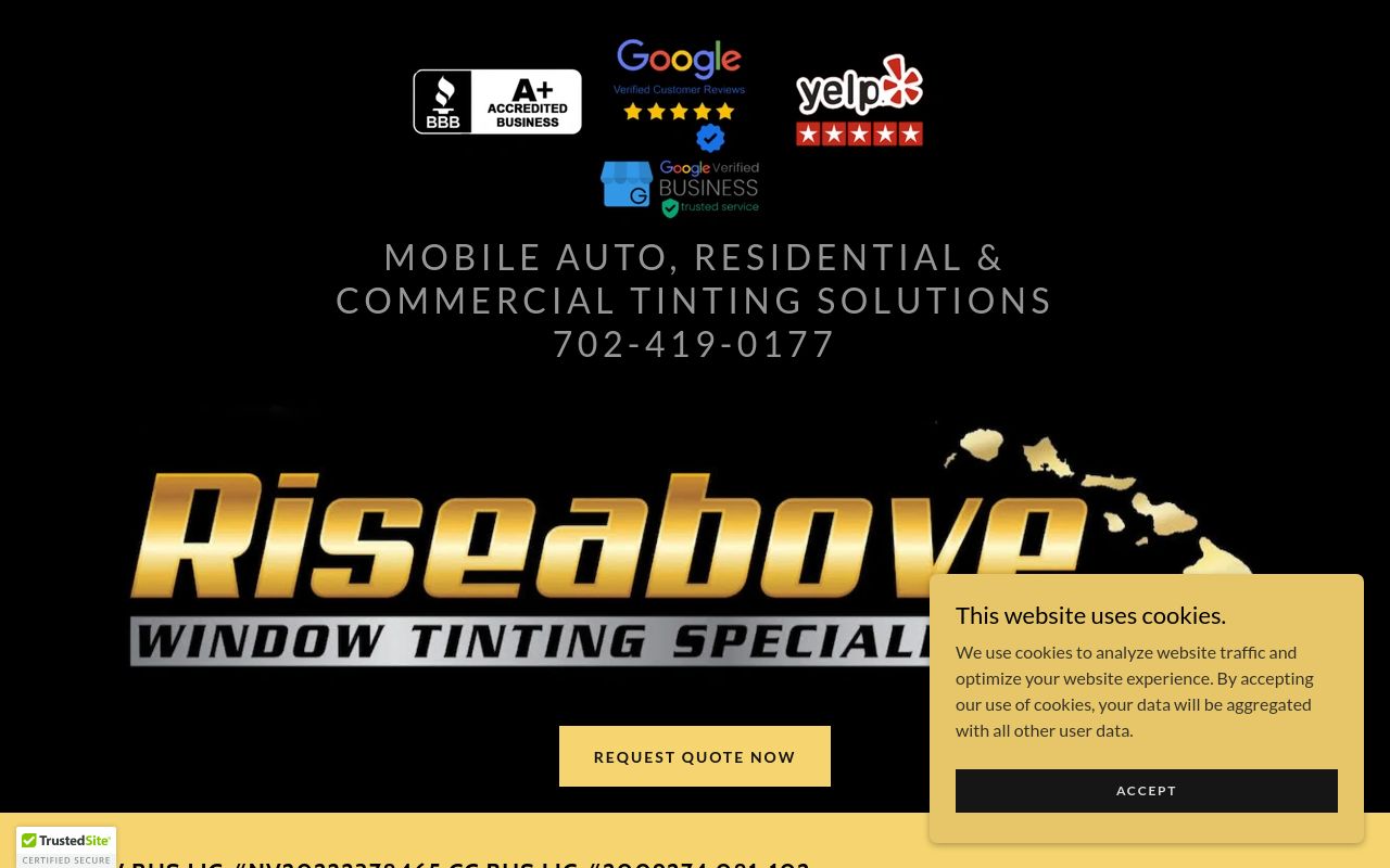 Homepage of Riseabove Window Tinting Specialists's website