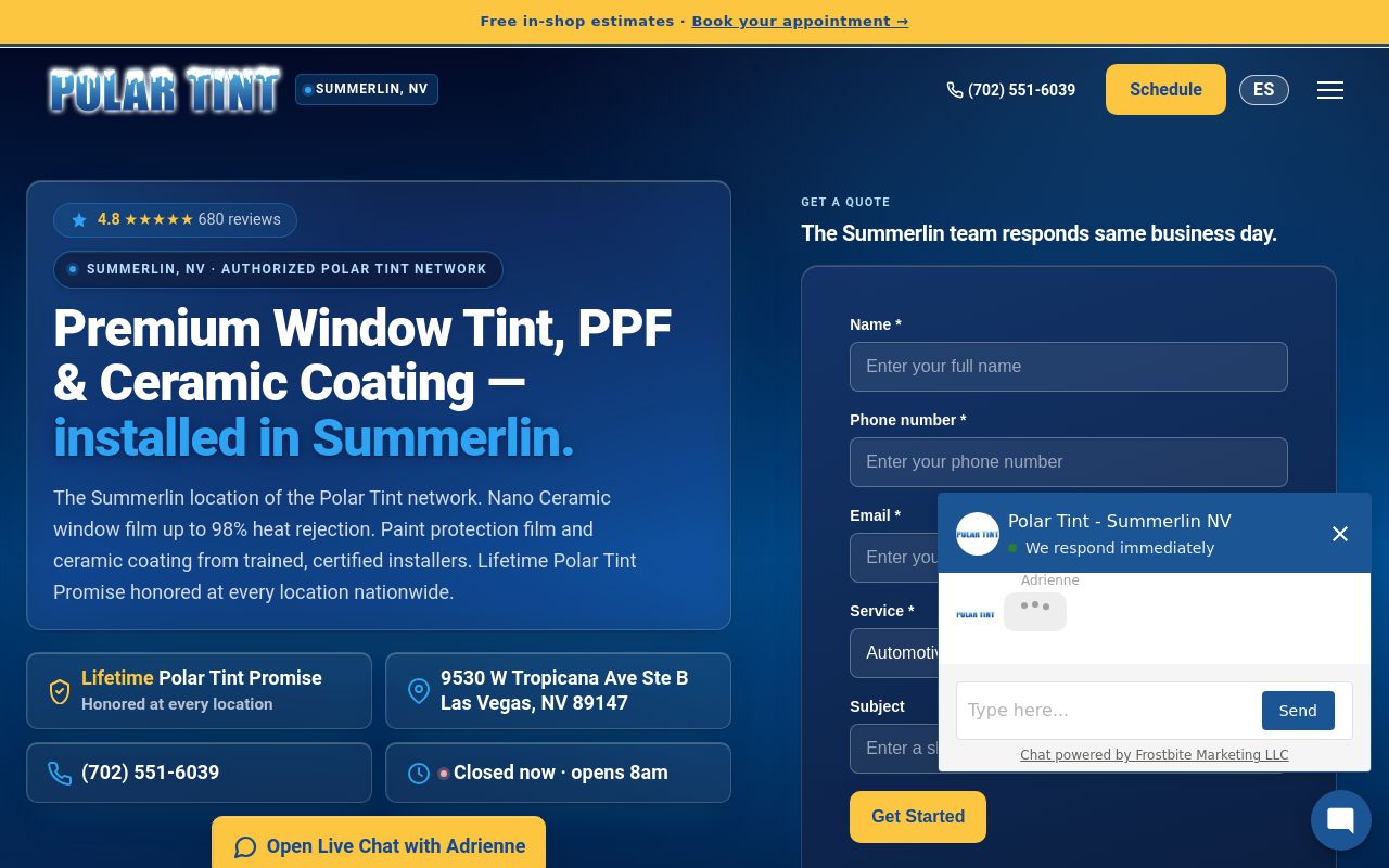 Homepage of Polar Tint - Summerlin's website