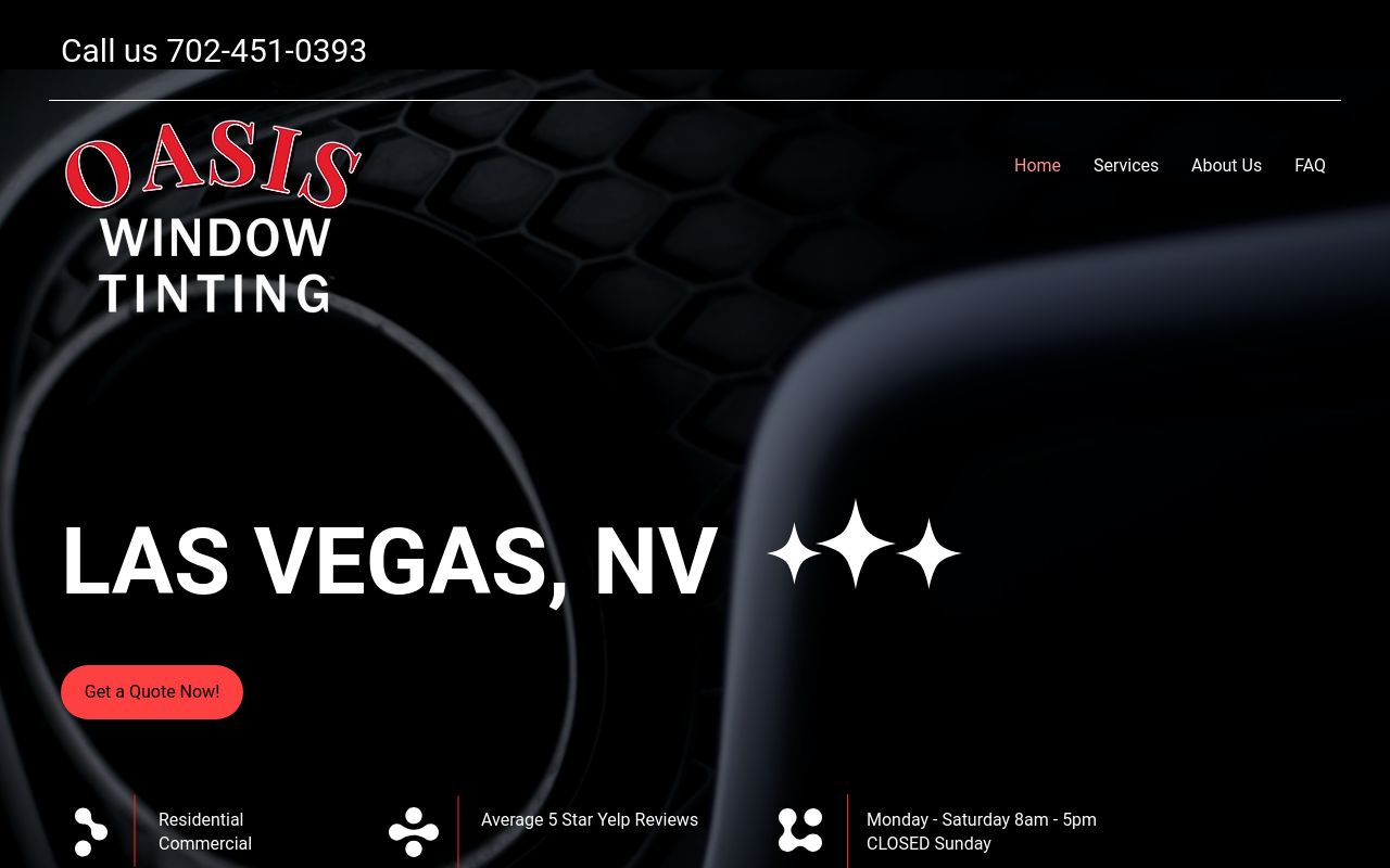 Homepage of Oasis Window Tinting's website