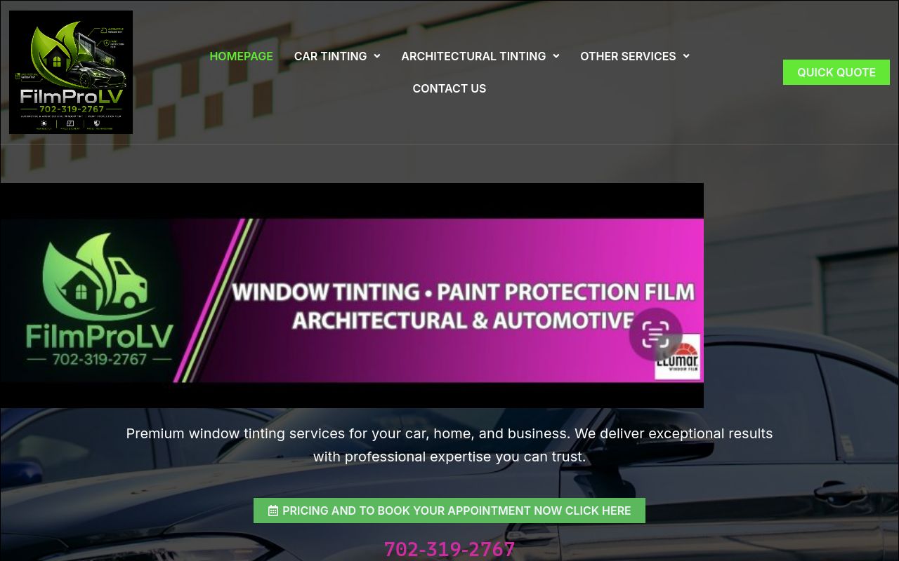 Homepage of Window Tinting's website