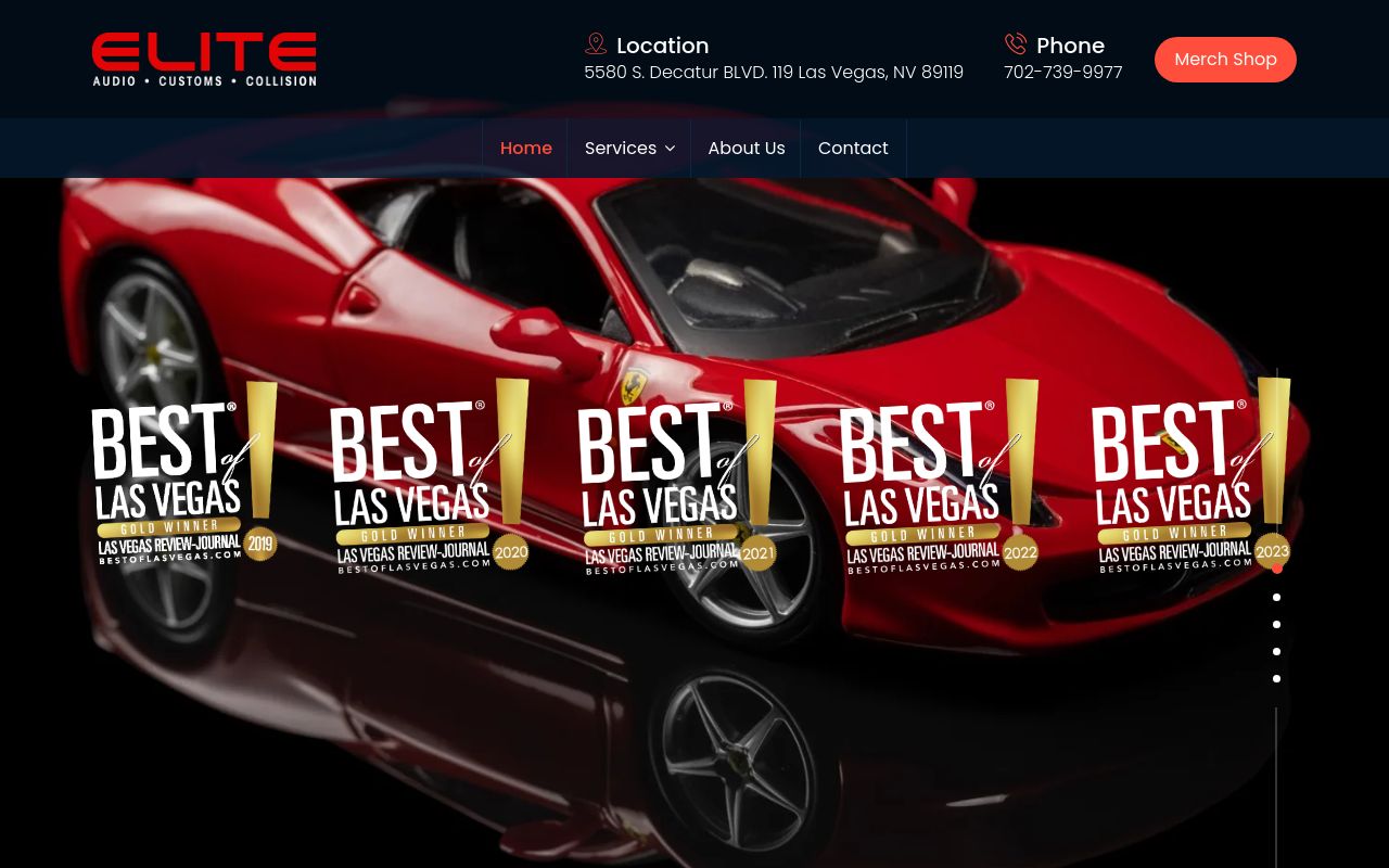 Homepage of Elite Audio Customs & Collision's website
