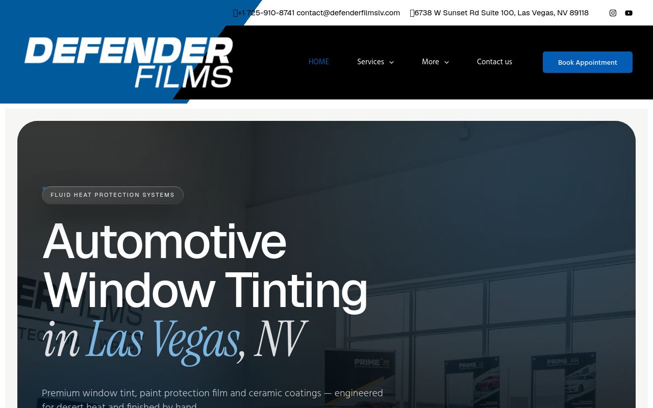 Homepage of Defender Films Window Tinting's website