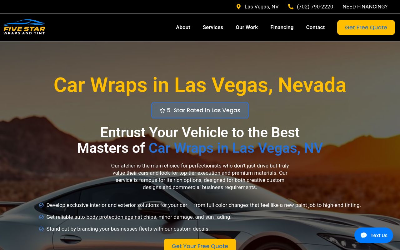 Homepage of Five Star Wraps and Tint's website