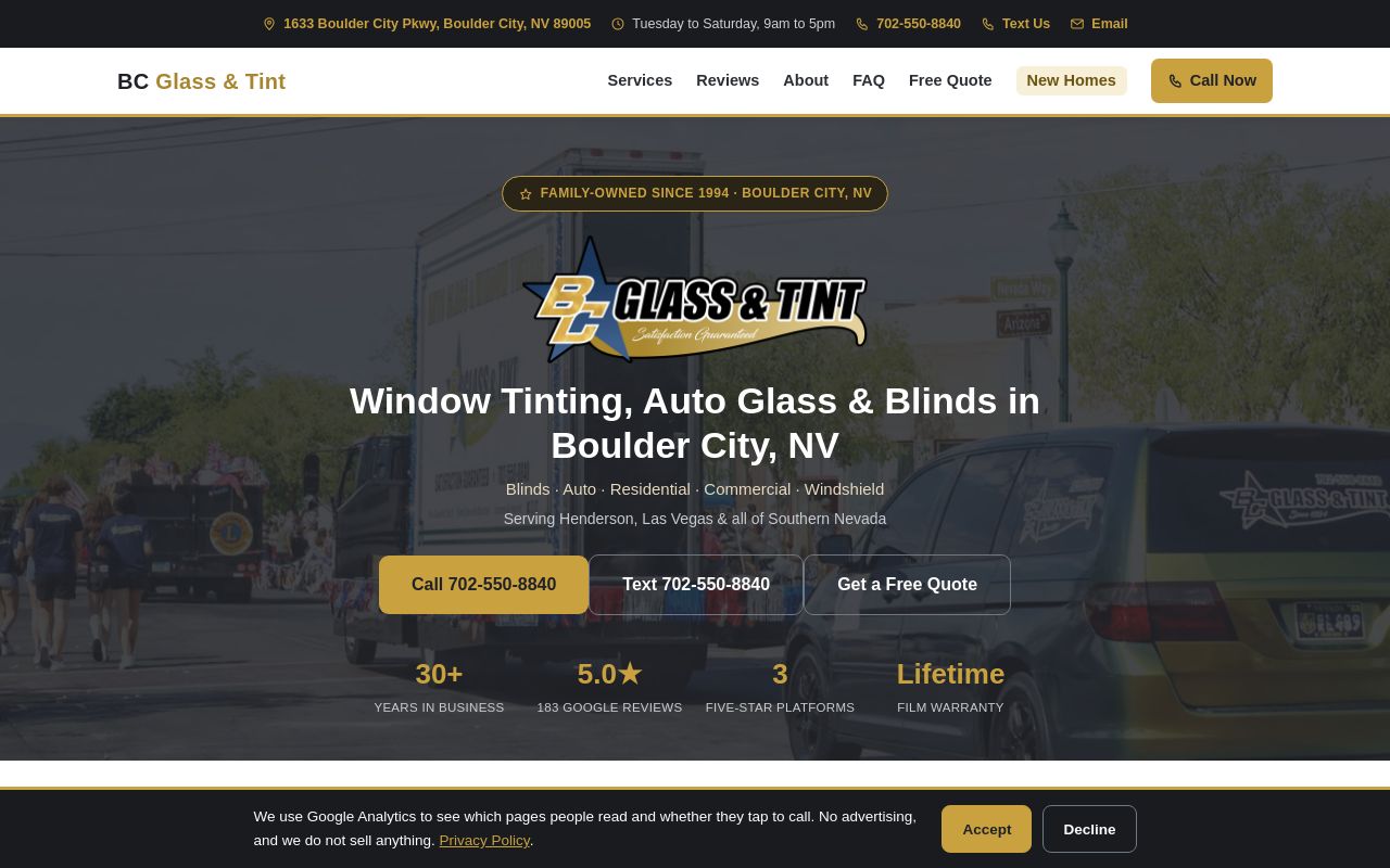 Homepage of BC Glass & Tint's website