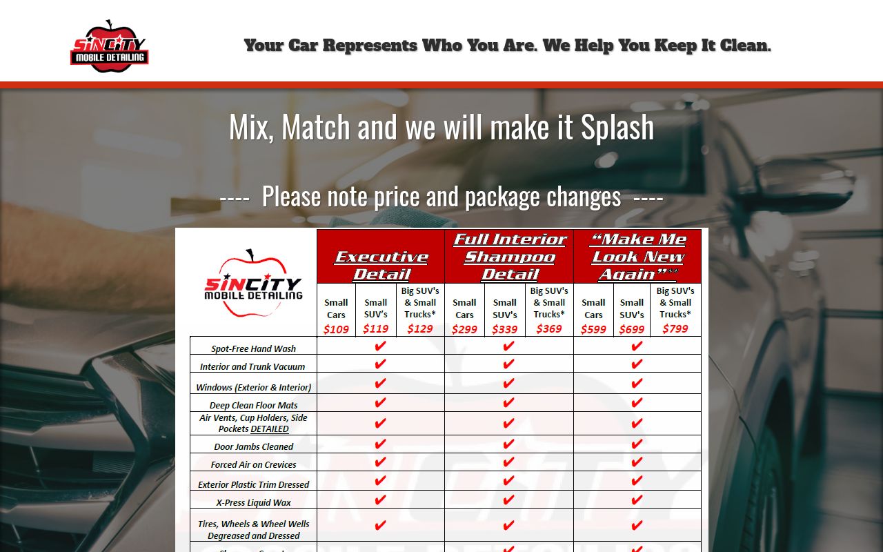 Homepage of Sin City Mobile Detailing's website