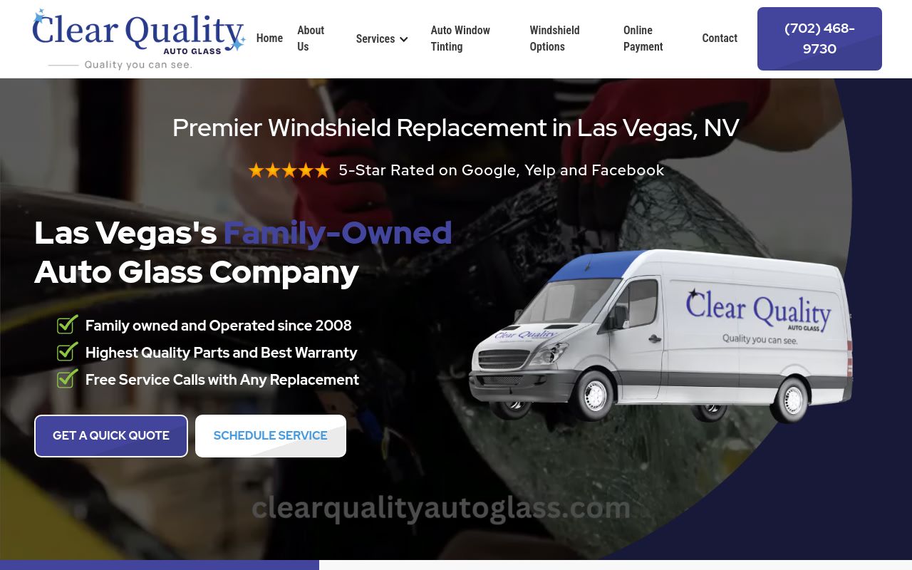 Homepage of Clear Quality Auto Glass's website