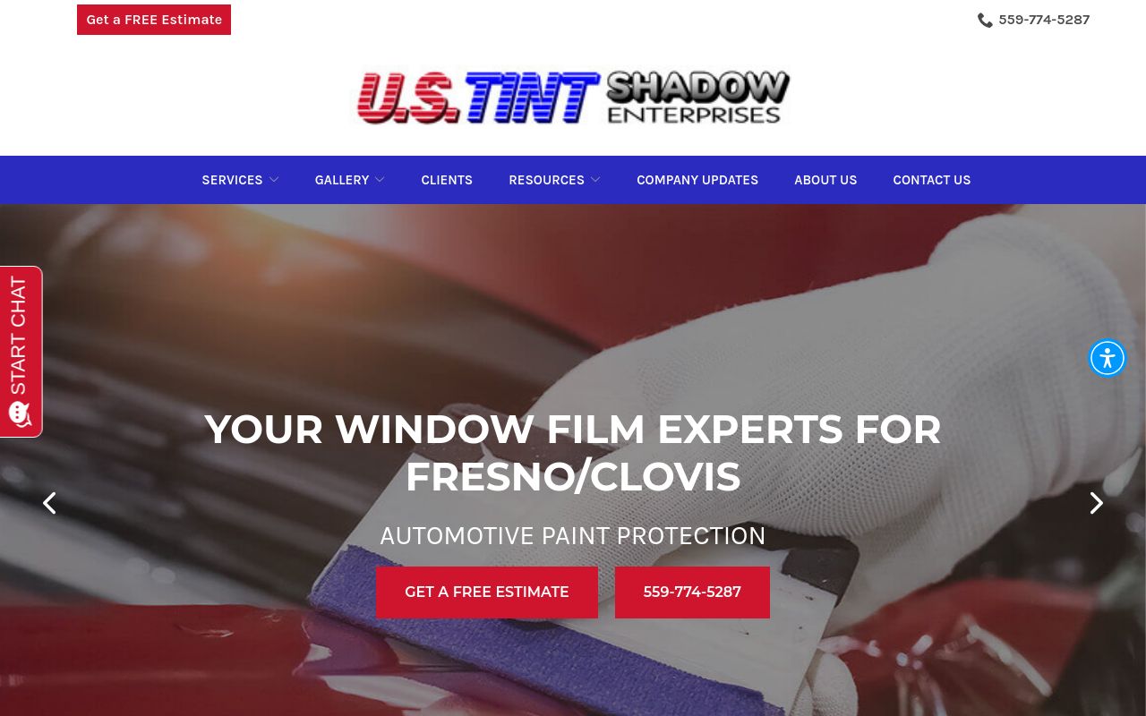Homepage of U.S. Tint / Shadow Enterprises's website