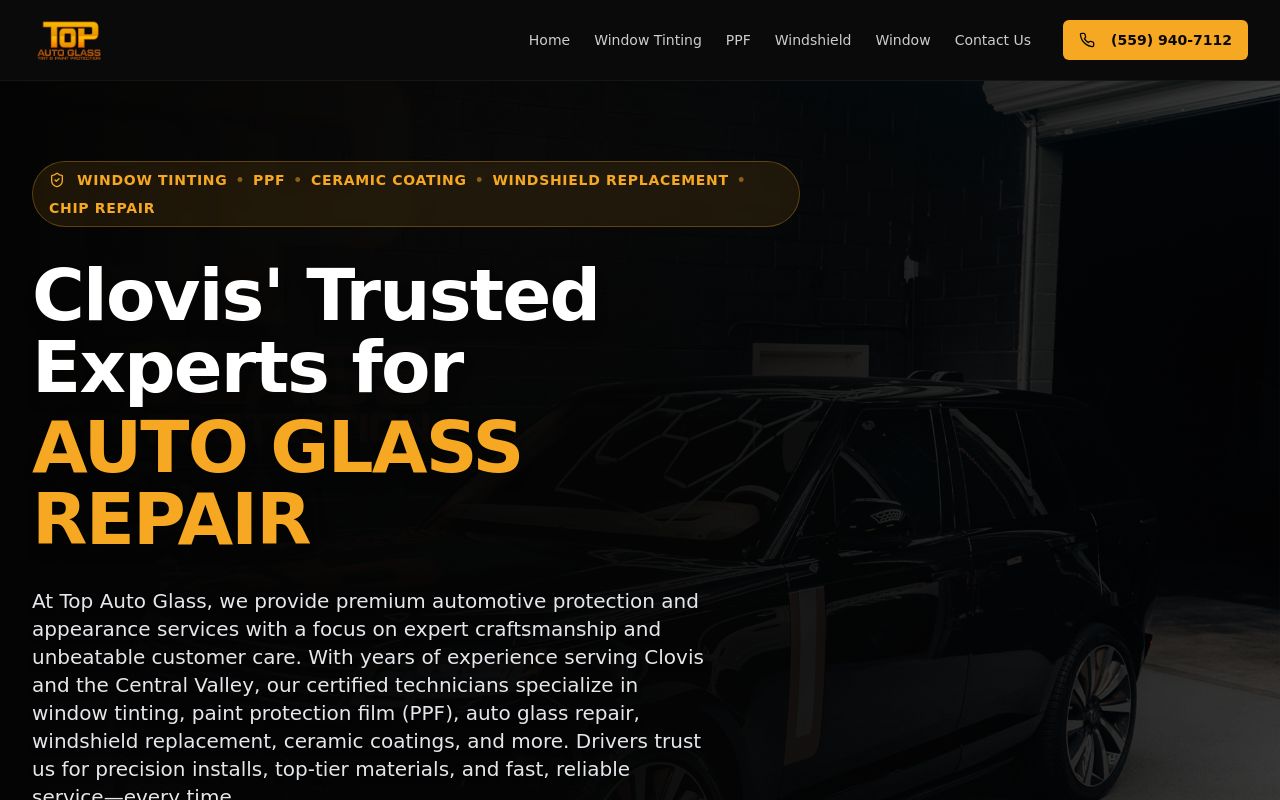 Homepage of Top Auto Glass, Tint, & Paint Protection's website