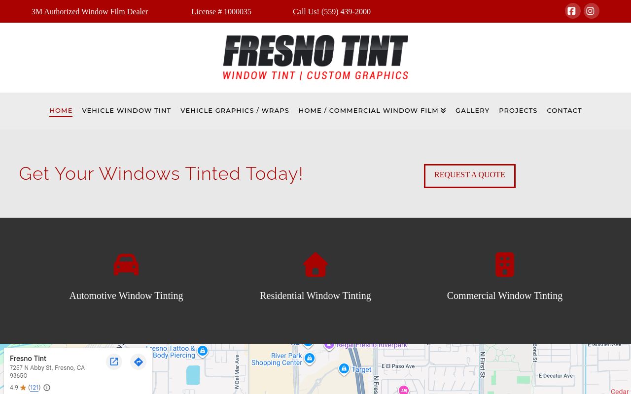 Homepage of Fresno Tint's website