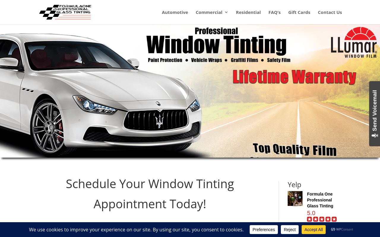Homepage of FormulaOne Professional Glass Tinting's website