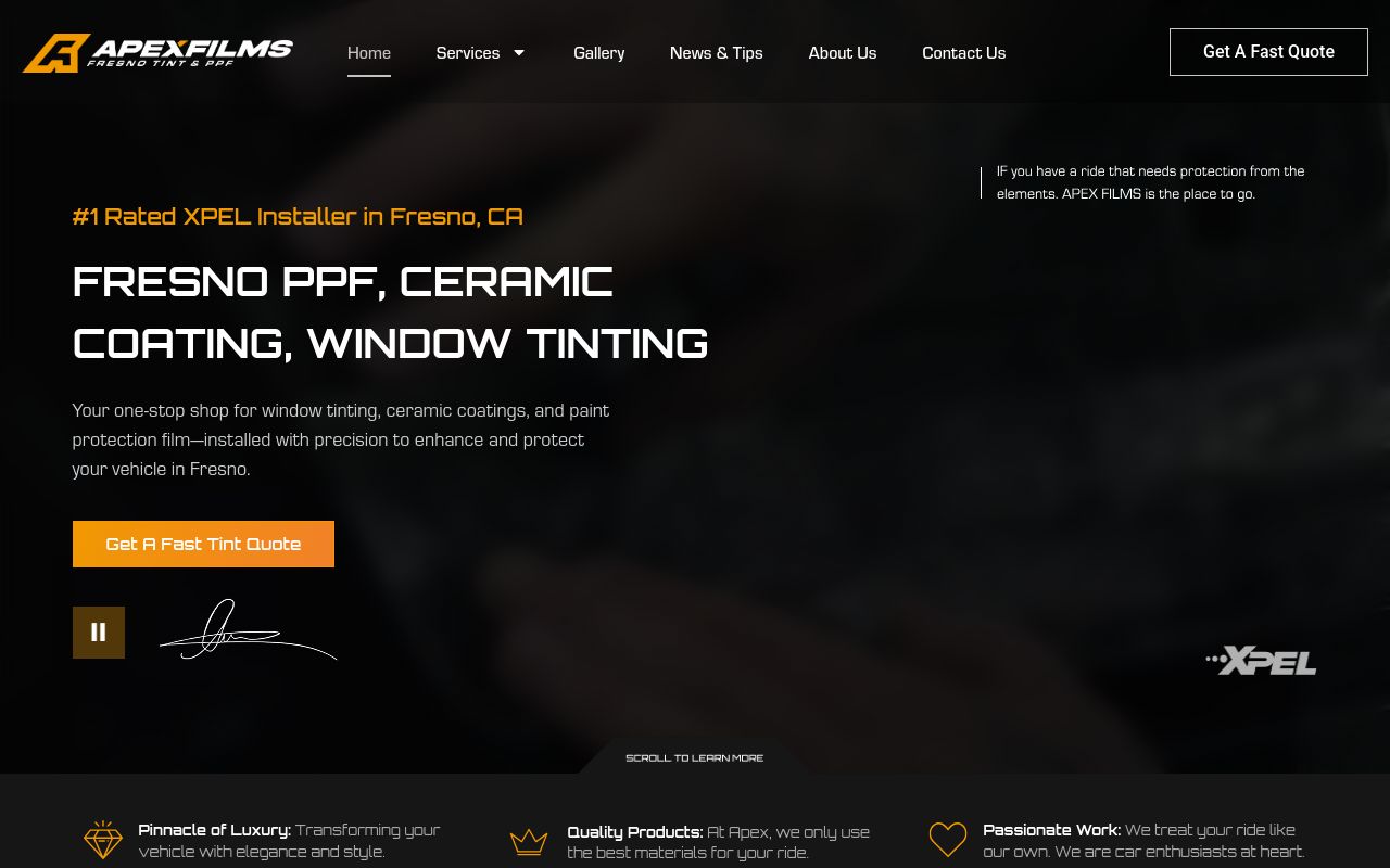 Homepage of Apex Films - Fresno Tint & PPF's website