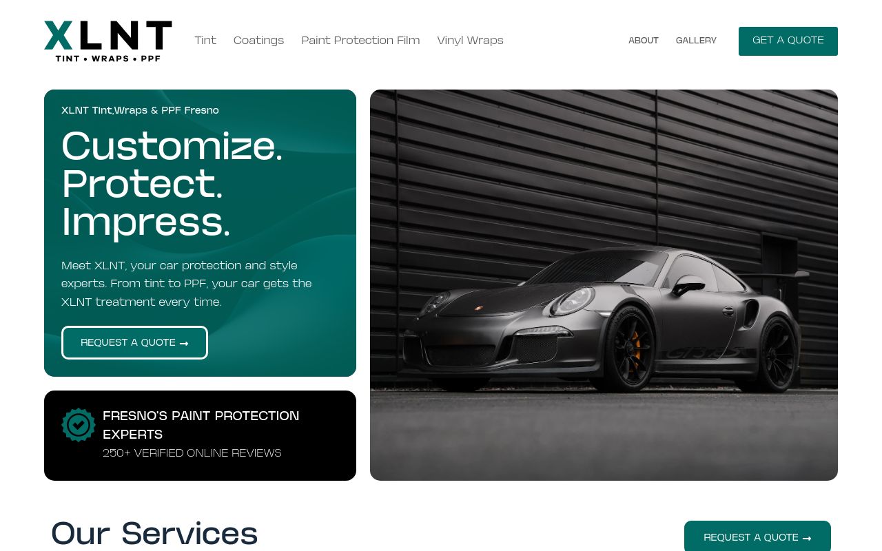 Homepage of XLNT Tint, Vinyl Wraps and PPF's website