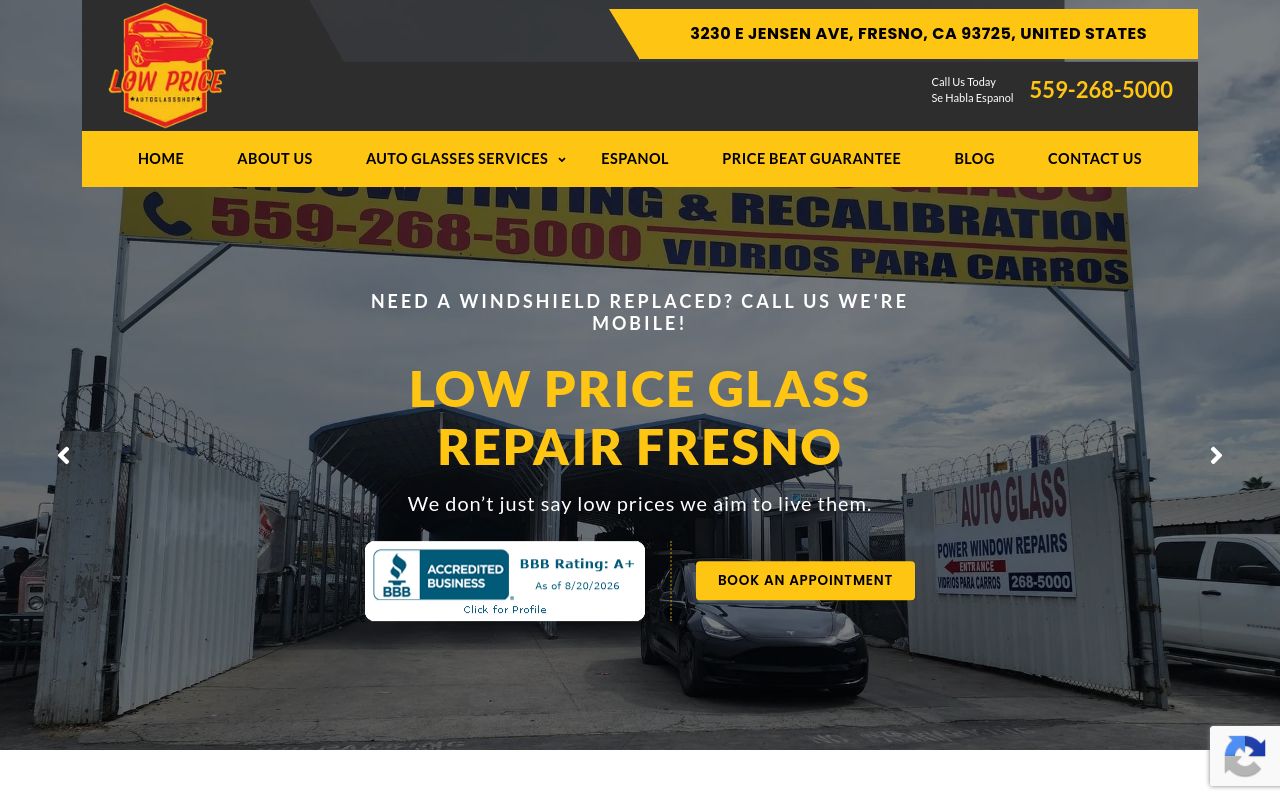 Homepage of LOW PRICE MOBILE AUTO GLASS REPAIR SHOP FRESNO's website