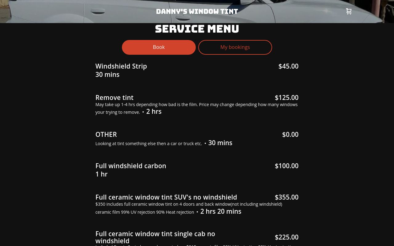 Homepage of Danny's Window Tint's website