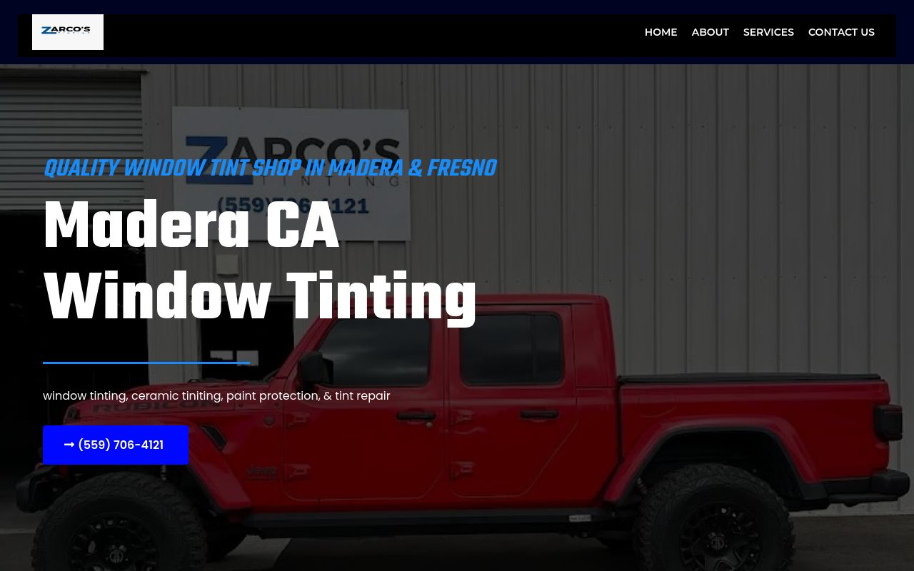 Homepage of Zarco's Tinting, LLC's website