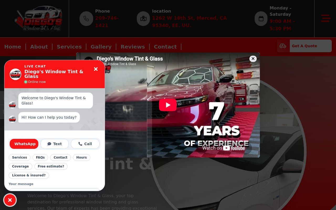 Homepage of Diego's Window Tint and Glass's website