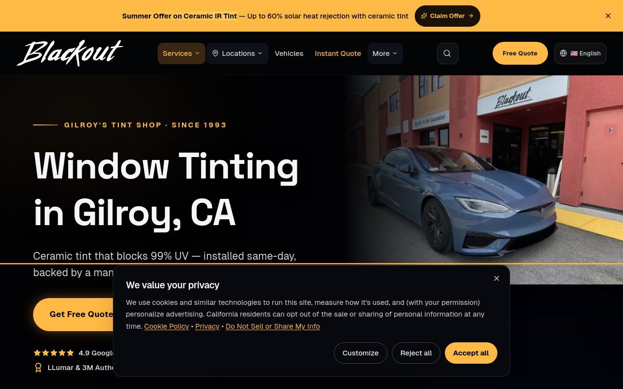 Homepage of Blackout Window Tinting's website