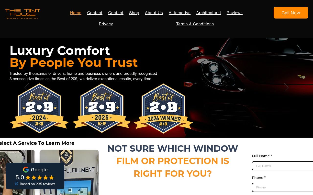 Homepage of The Tint House's website