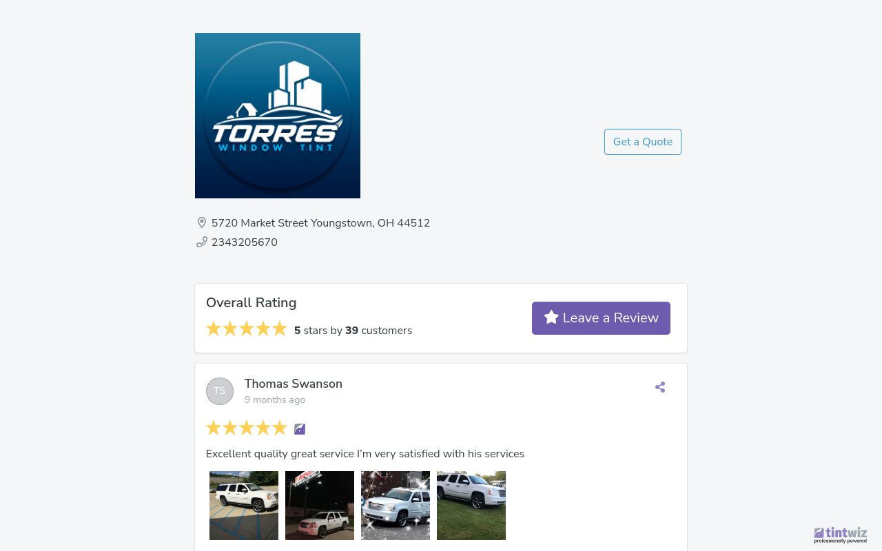 Homepage of Torres Window Tint & PPF's website
