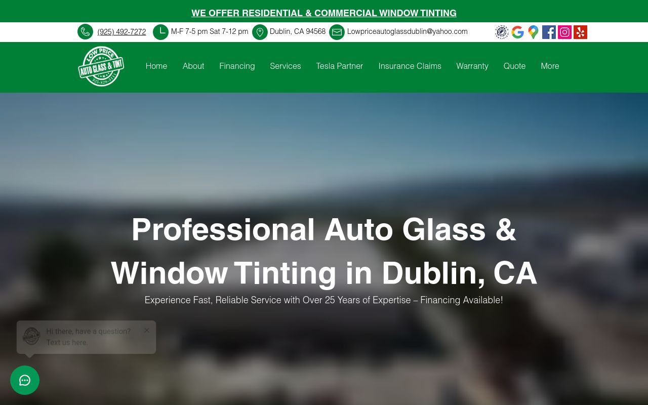 Homepage of Low Price Auto Glass and Window Tinting's website