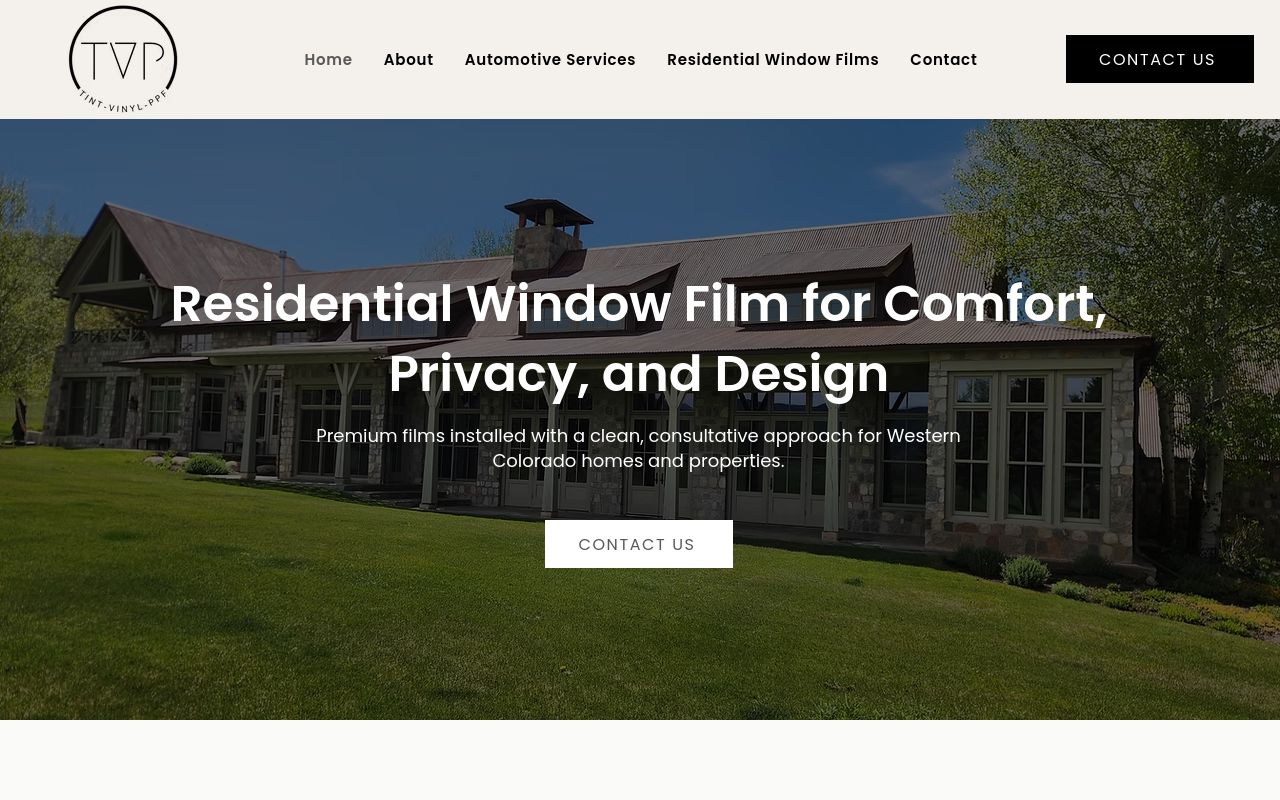 Homepage of TVP. Tint, Vinyl & PPF's website