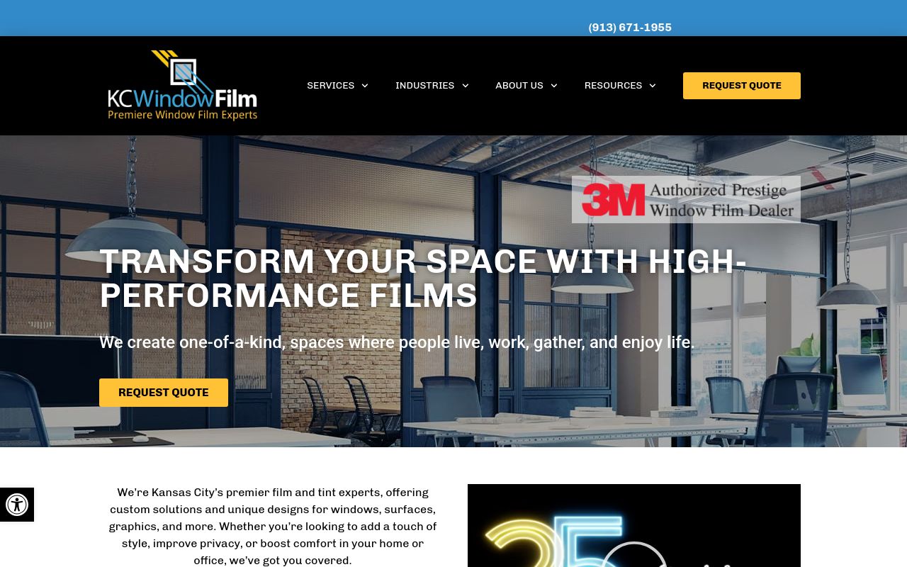 Homepage of KC Window Film's website