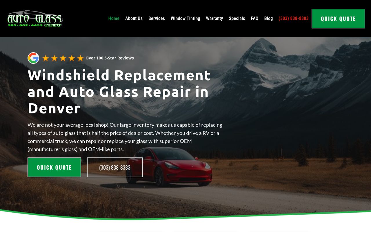 Homepage of Auto Glass Unlimited - Windshield Replacement's website