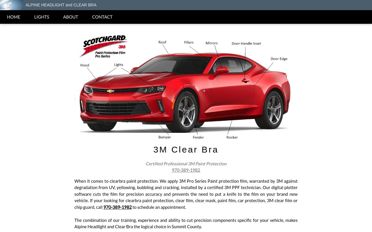 Homepage of Alpine headlight doctor &Clear Bra's website