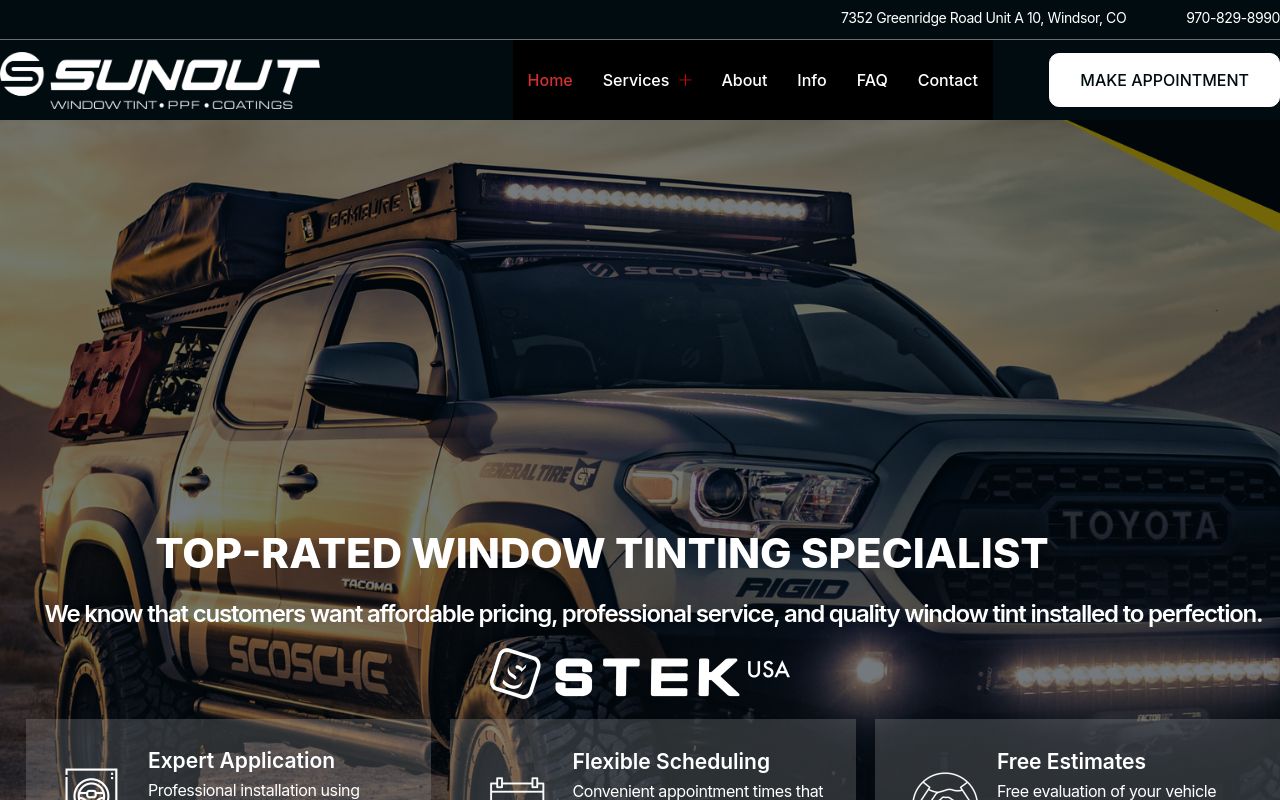 Homepage of Sun Out Window Tinting's website
