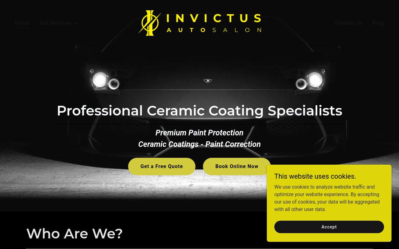 Homepage of Invictus Auto Salon's website