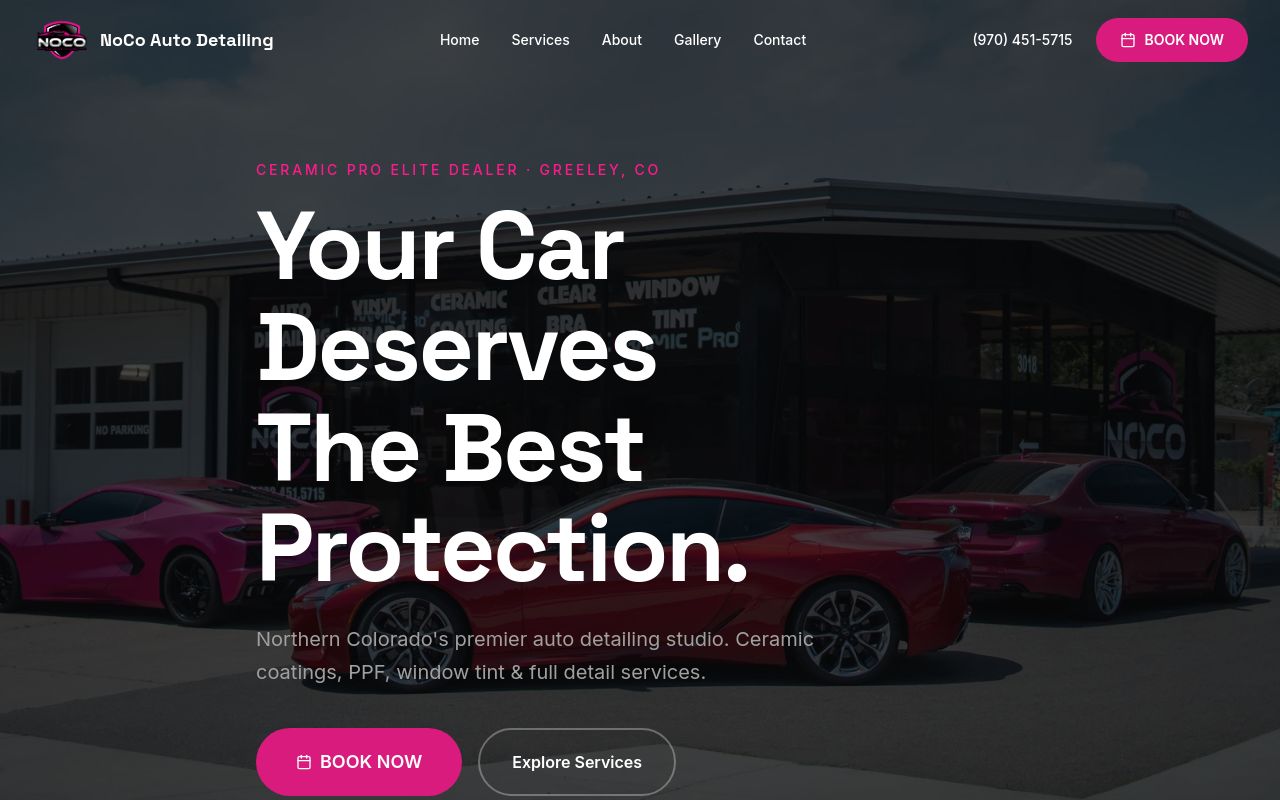 Homepage of NoCo Auto Detailing and Window Tint's website