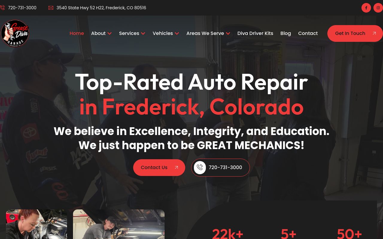 Homepage of Grease Diva Garage's website