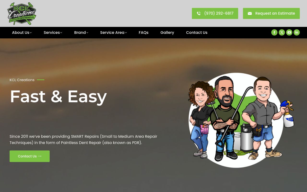 Homepage of KCL Creations LLC Paintless Dent Repair & Hail Damage's website