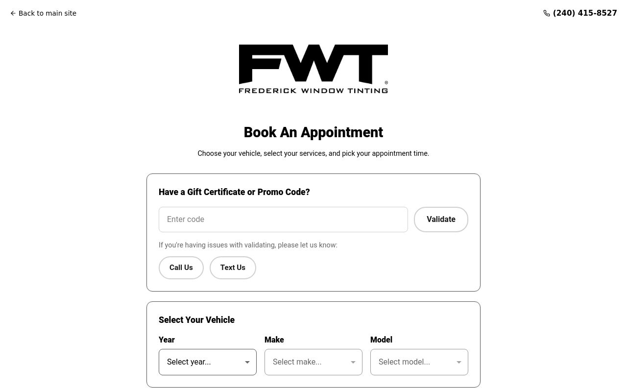 Homepage of Frederick Window Tinting's website