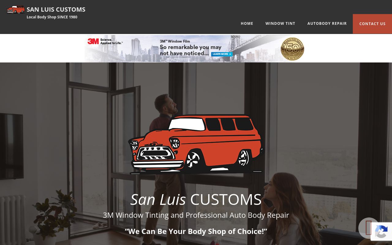 Homepage of San Luis Customs 3M Window Film's website