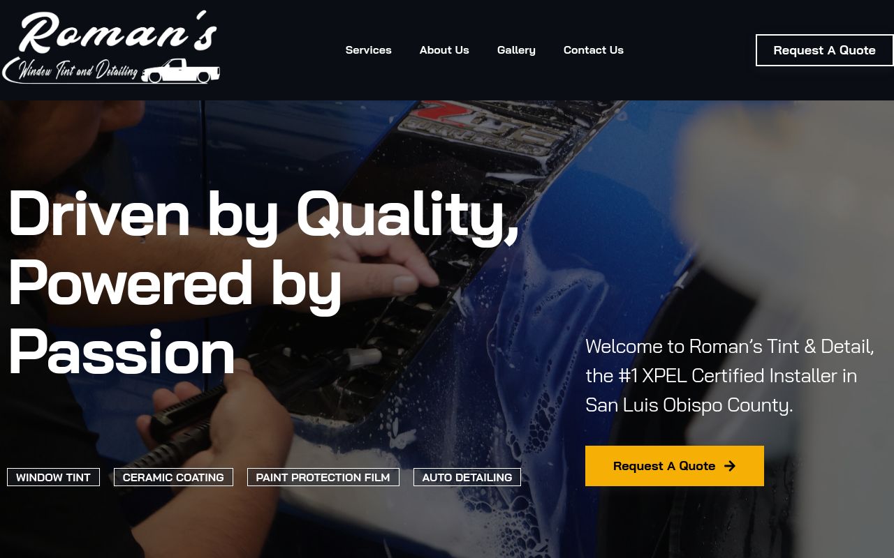 Homepage of Roman's Tint & Detail's website