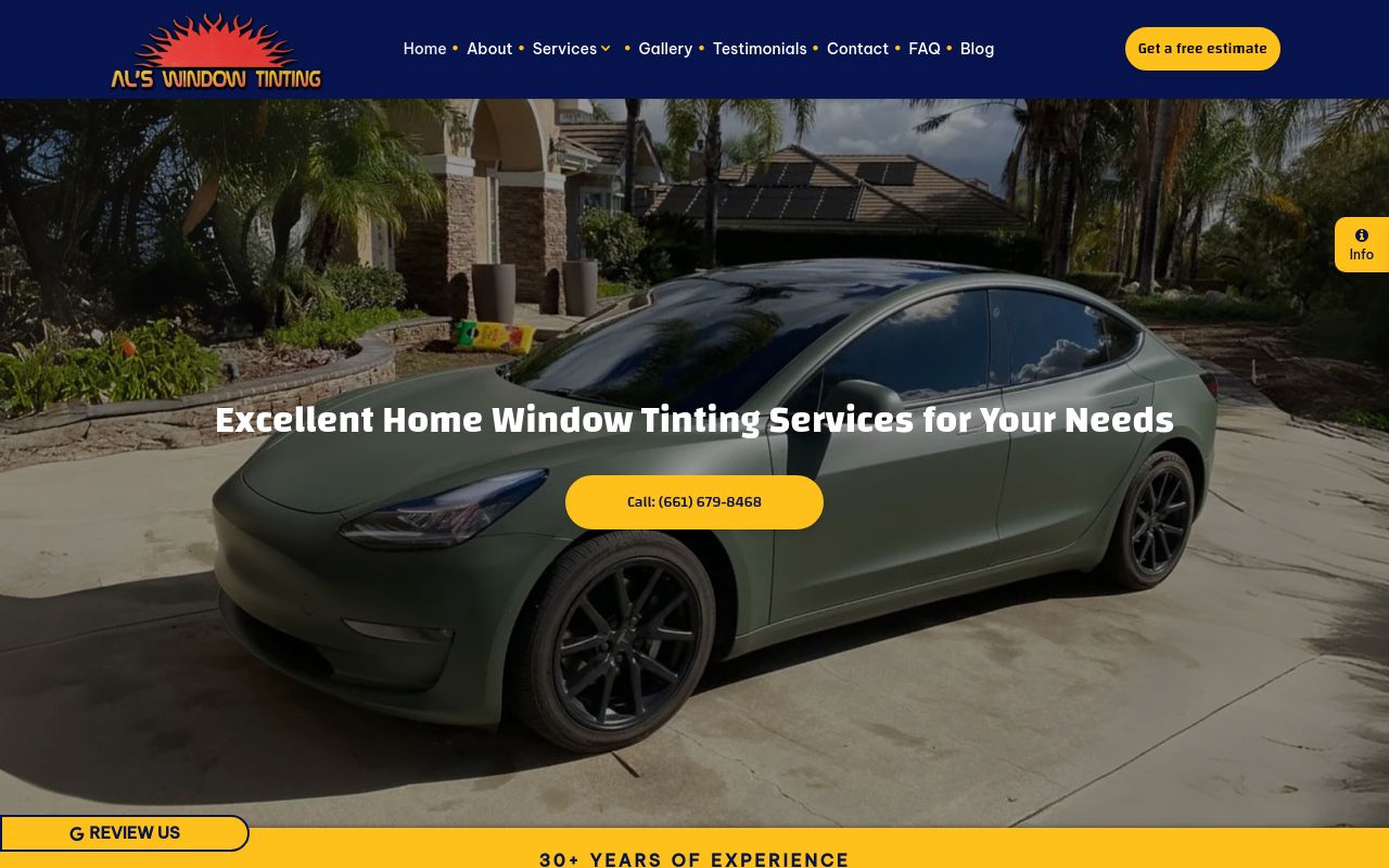 Homepage of Al’s Window Tinting's website