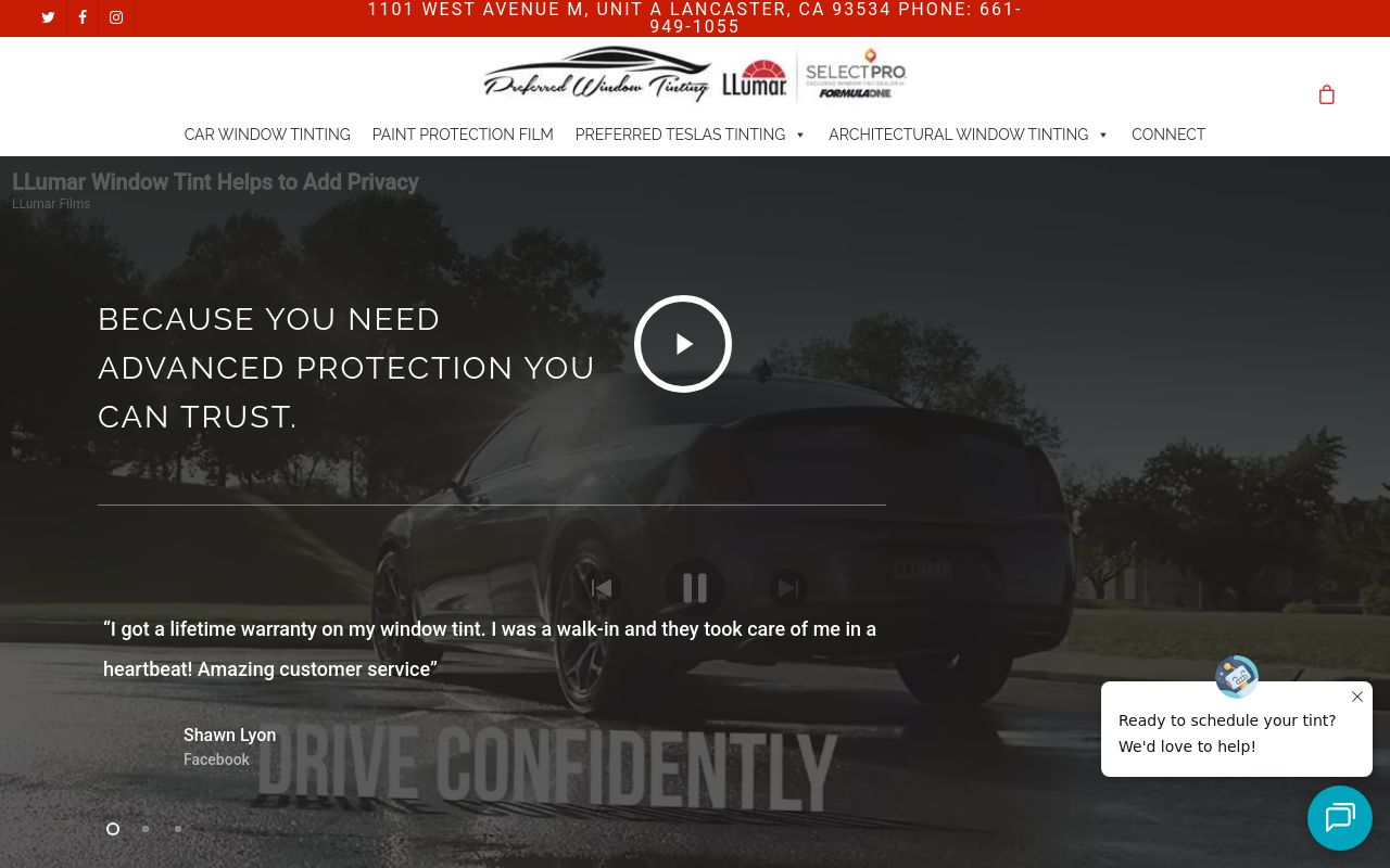 Homepage of Preferred Window Tinting's website