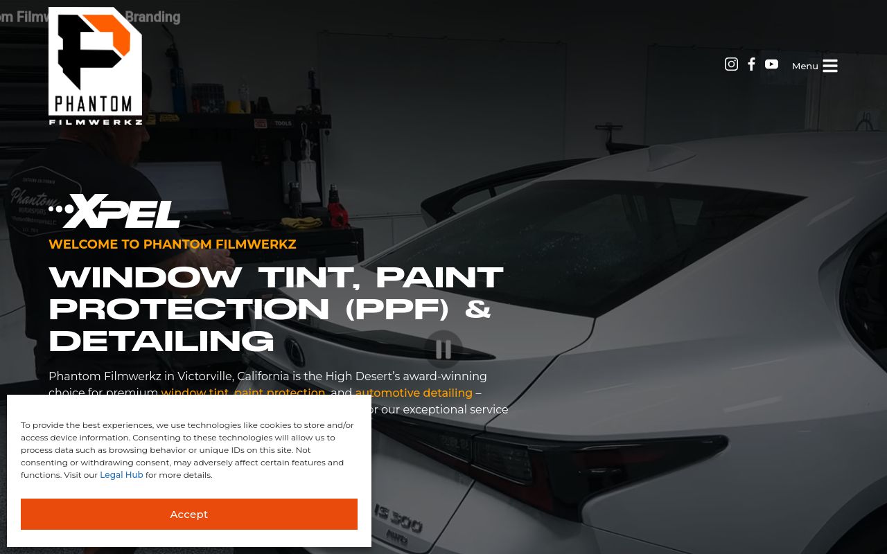 Homepage of Phantom Film Werkz - Window Tint PPF Ceramic Coating's website