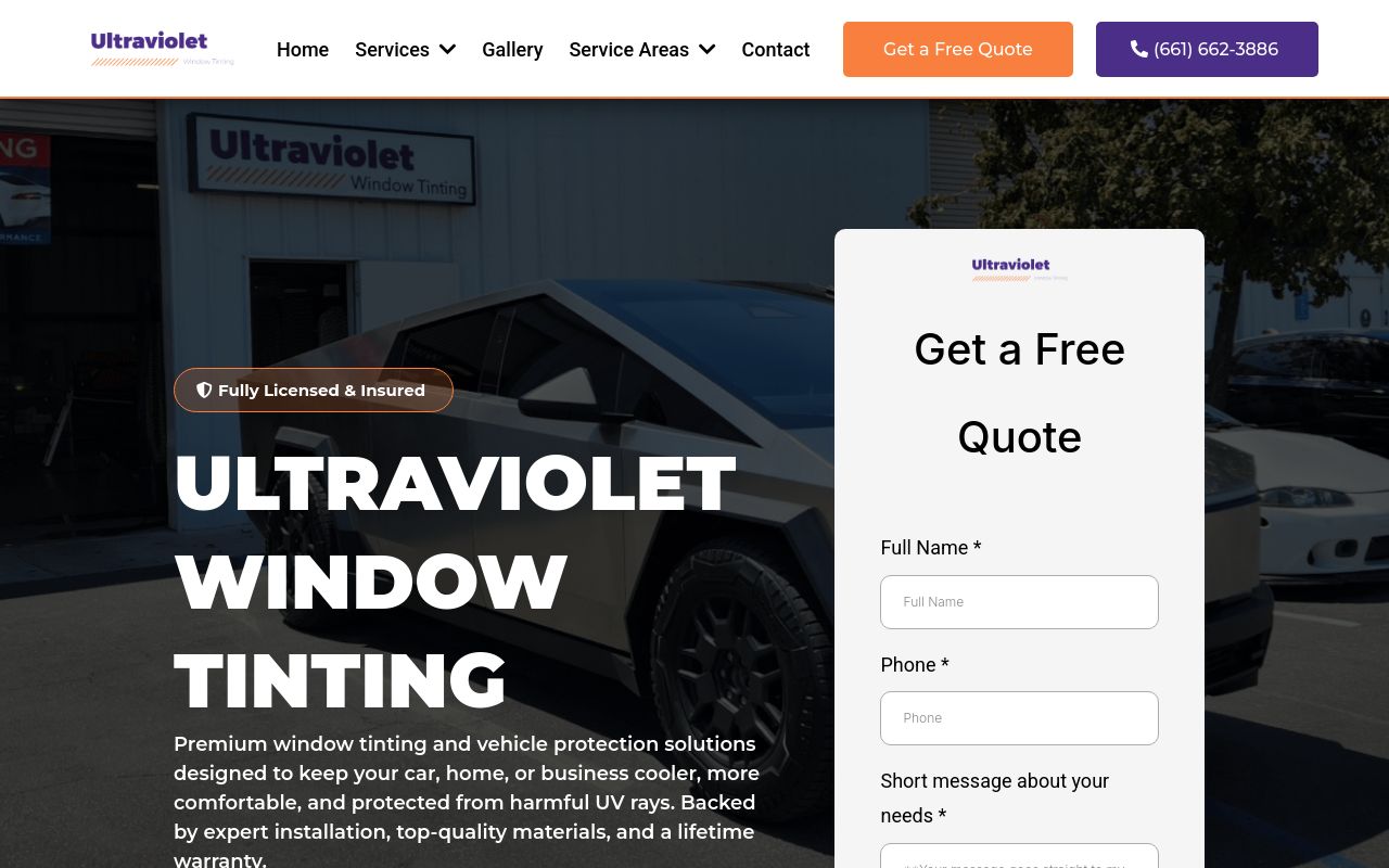 Homepage of Ultraviolet Window Tinting's website