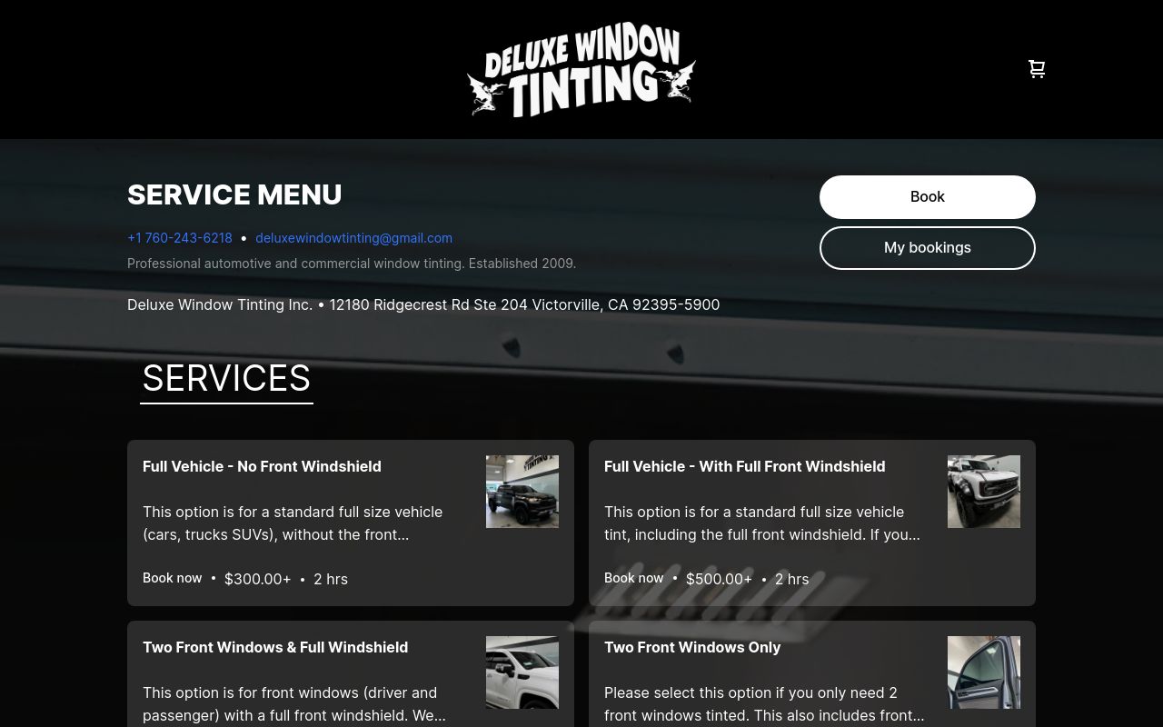 Homepage of Deluxe Window Tinting's website